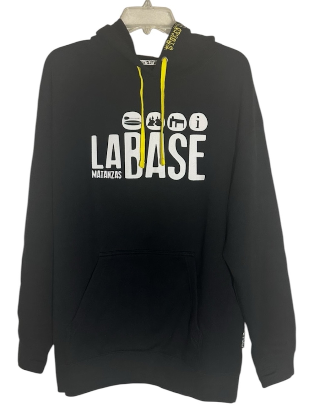 Stoked La Base Matanzas Black Hoodie with Yellow Drawstrings Size L NEW with Tag